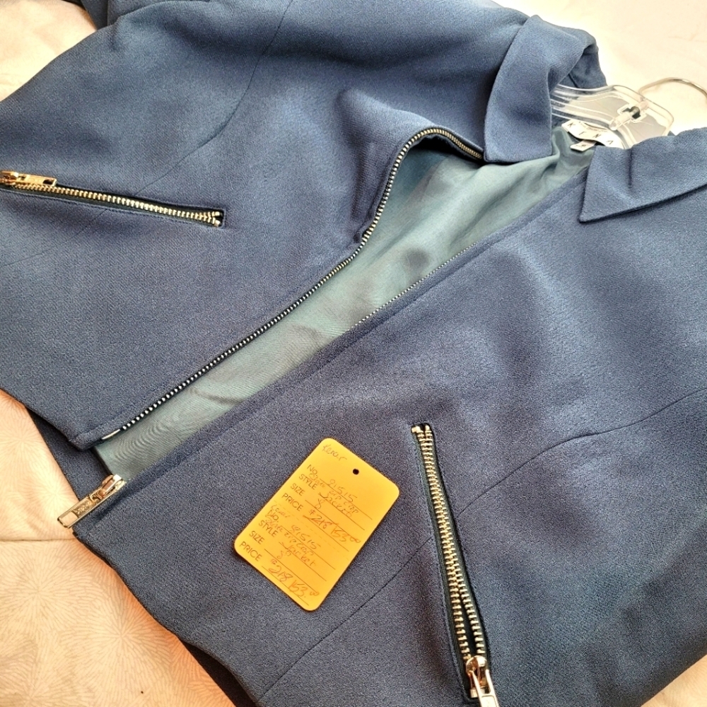 Kenar slate blue gray cropped lined blazer zip pockets collar office edgy lady 8 - Picture 7 of 10